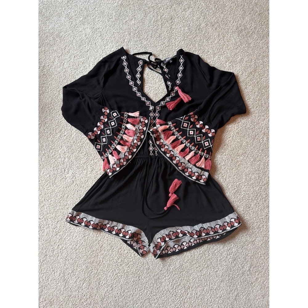 Lulus Black Embroidered Tassel Romper Bell Sleeve Boho Festival Cutout Back L